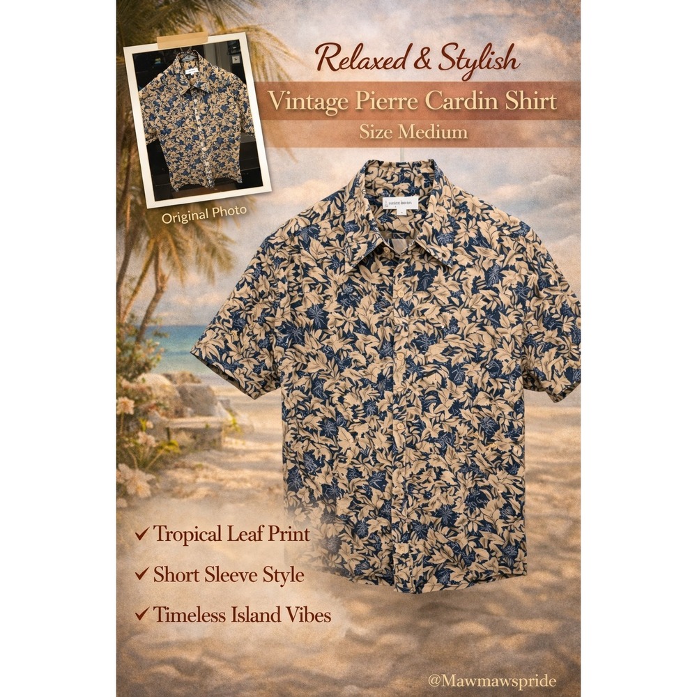 Vintage Pierre Cardin Short Sleeve Button Down Shirt Tropical Leaf‎ Print Size M